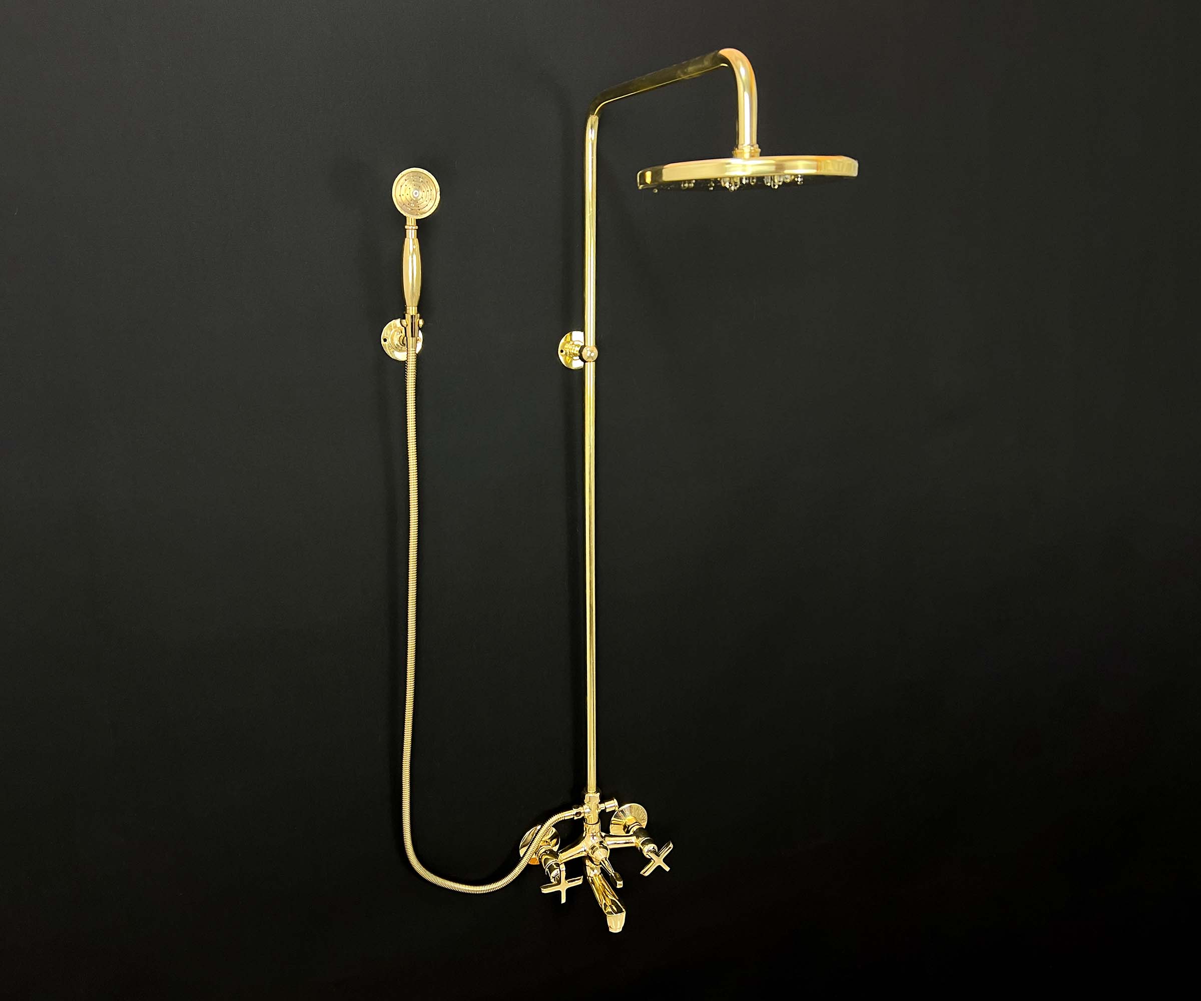 LuxeBrass Unlacquered Brass Shower System with Tub Filler, Hand Shower, and Rain Showerhead